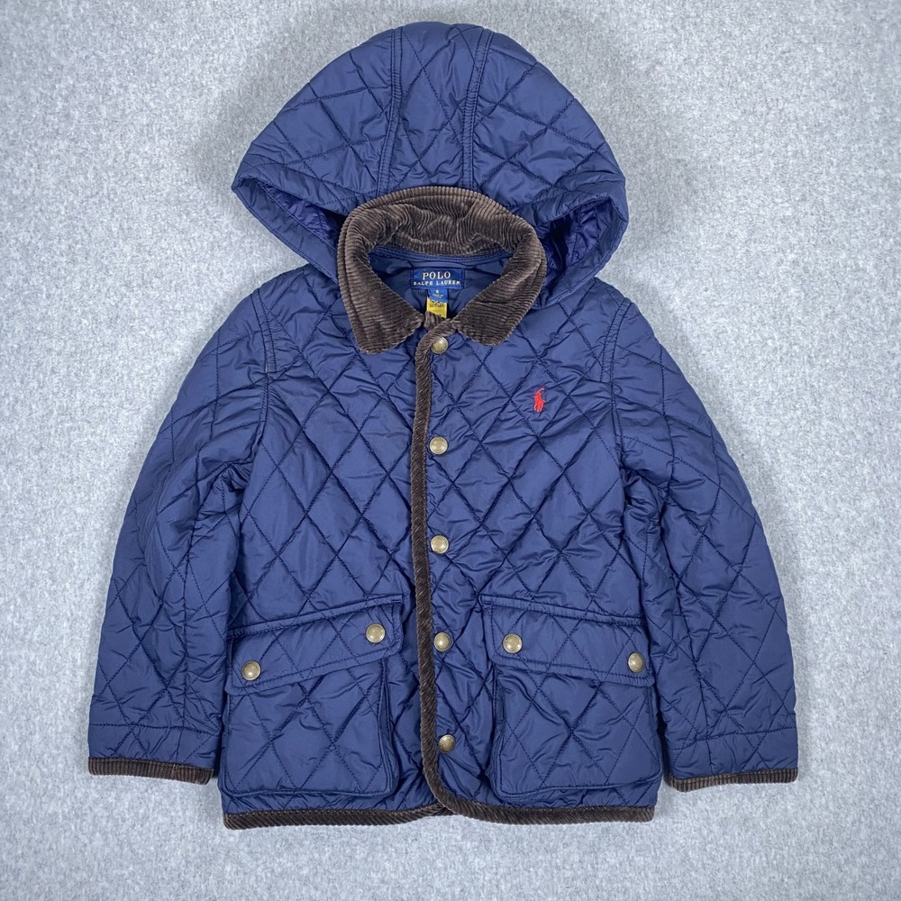 Polo Ralph Lauren Quilted Jacket Kids Size 6 Navy Blue Corduroy Trim Hooded